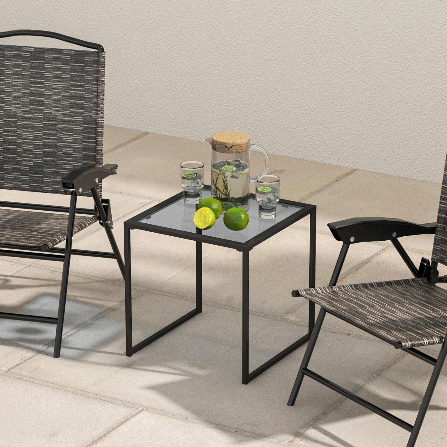 Tempered Glass Side Table with Metal Frame for Indoor and Outdoor, Black