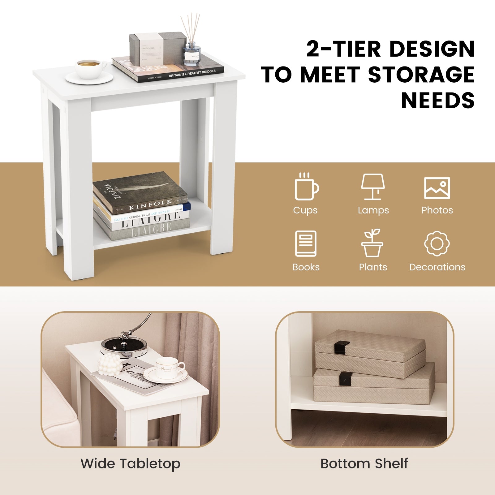 2-Tier Modern Compact End Table with Storage Shelf, White End & Side Tables at Gallery Canada