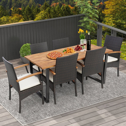 7 Pieces Outdoor Wicker Chair and Dining Table Set-Wood Handrail - Gallery Canada