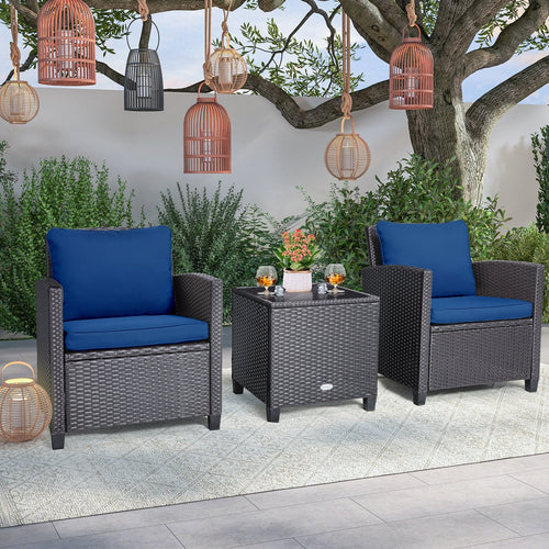 3 Pieces Rattan Patio Furniture Set with Washable Cushion, Dark Blue