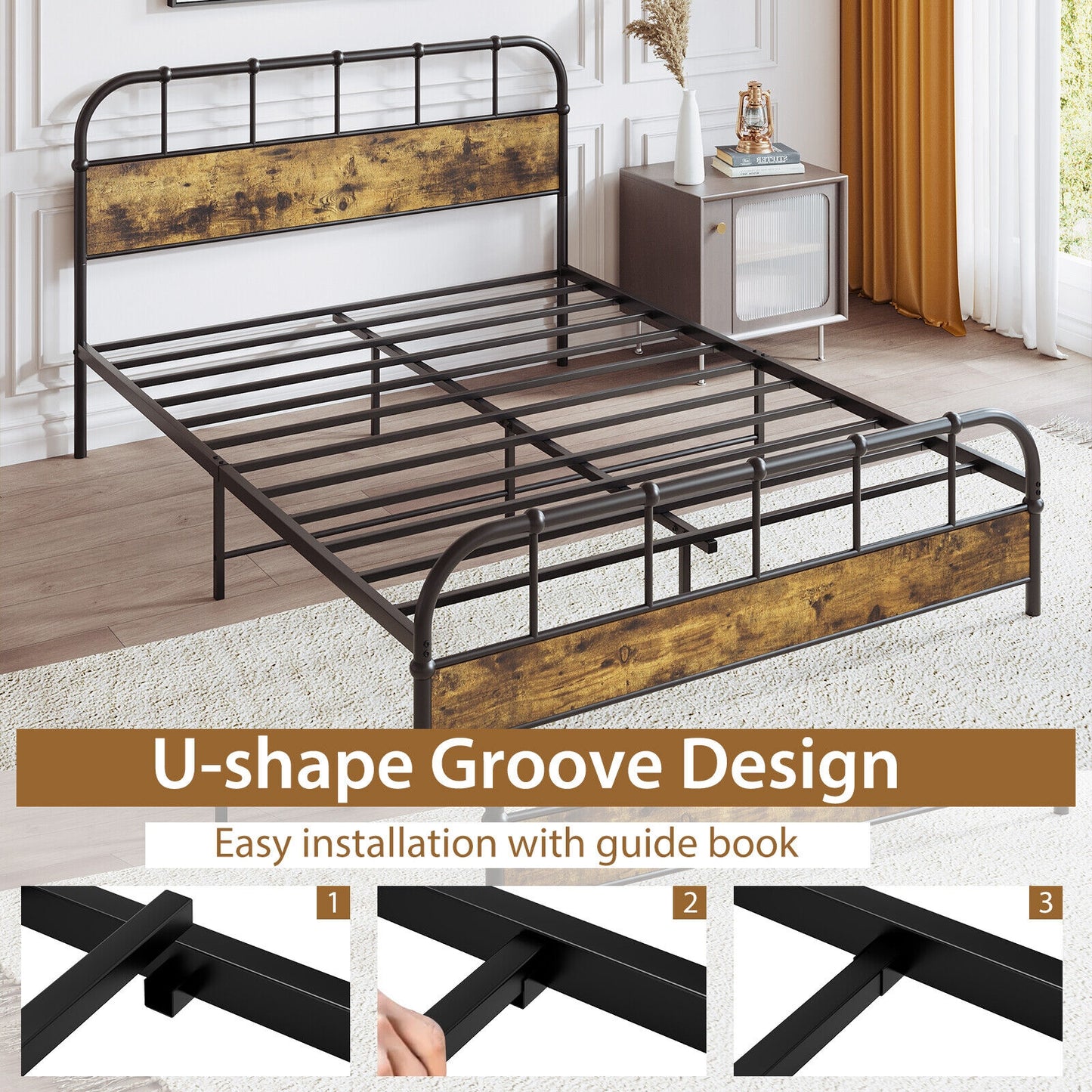 Queen Size Industrial Metal Platform Bed Frame Headboard Mattress Foundation-Queen Size, Black Simple Bed Frame at Gallery Canada