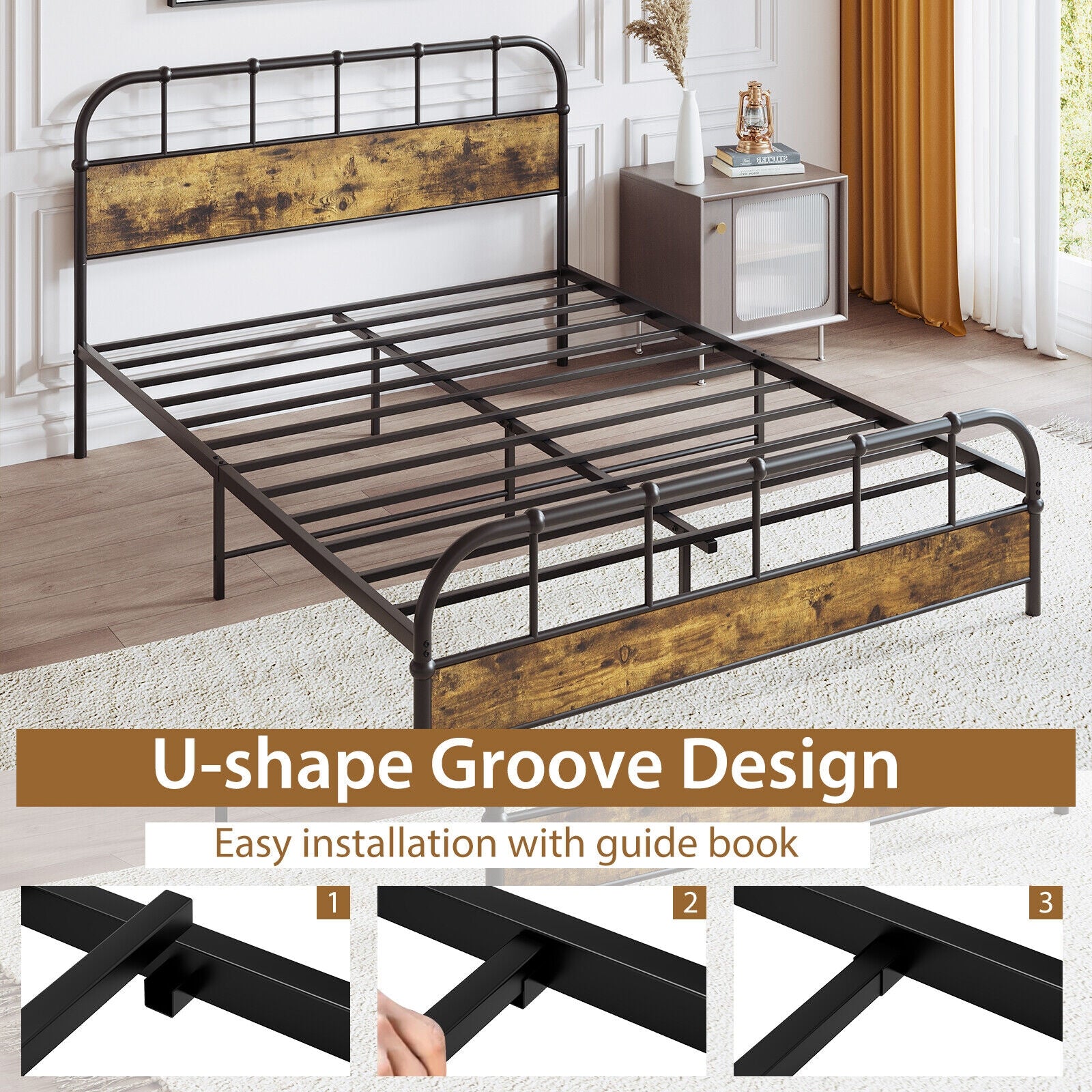 Queen Size Industrial Metal Platform Bed Frame Headboard Mattress Foundation-Queen Size, Black Simple Bed Frame at Gallery Canada