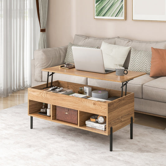Living Room Central Table with Lifting Tabletop and Metal Legs, Natural - Gallery Canada