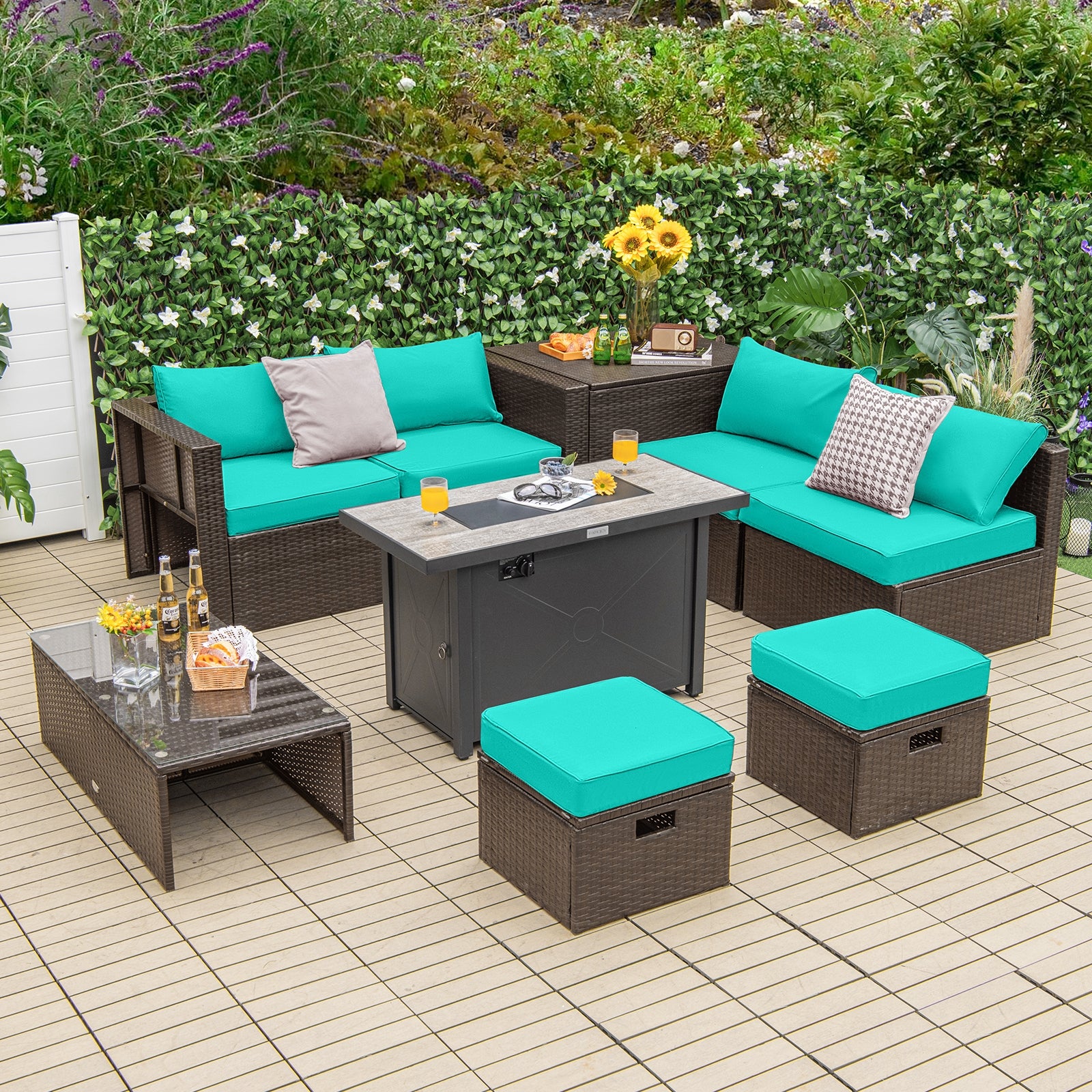 9 Pieces Outdoor Patio Furniture Set with 42 Inch Propane Fire Pit Table, Turquoise Patio Conversation Sets at Gallery Canada