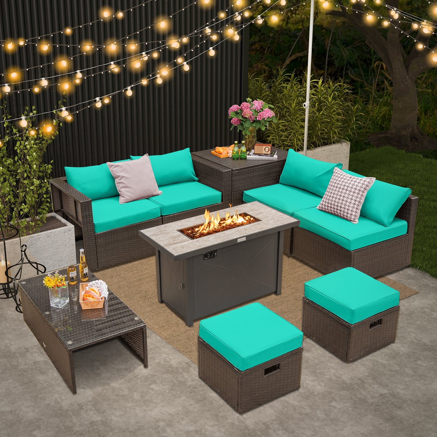9 Pieces Outdoor Patio Furniture Set with 42 Inch Propane Fire Pit Table, Turquoise Patio Conversation Sets at Gallery Canada
