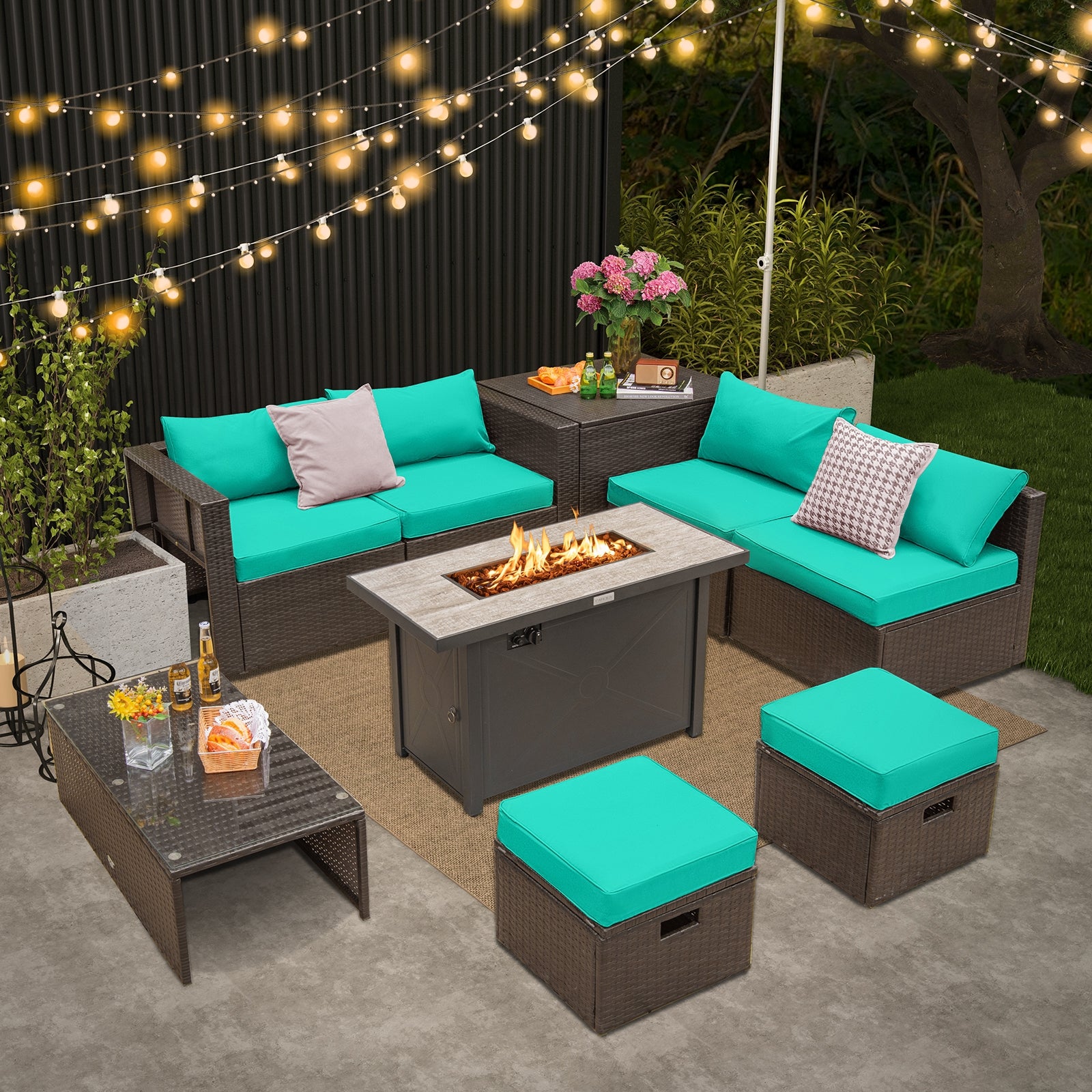 9 Pieces Outdoor Patio Furniture Set with 42 Inch Propane Fire Pit Table, Turquoise Patio Conversation Sets at Gallery Canada