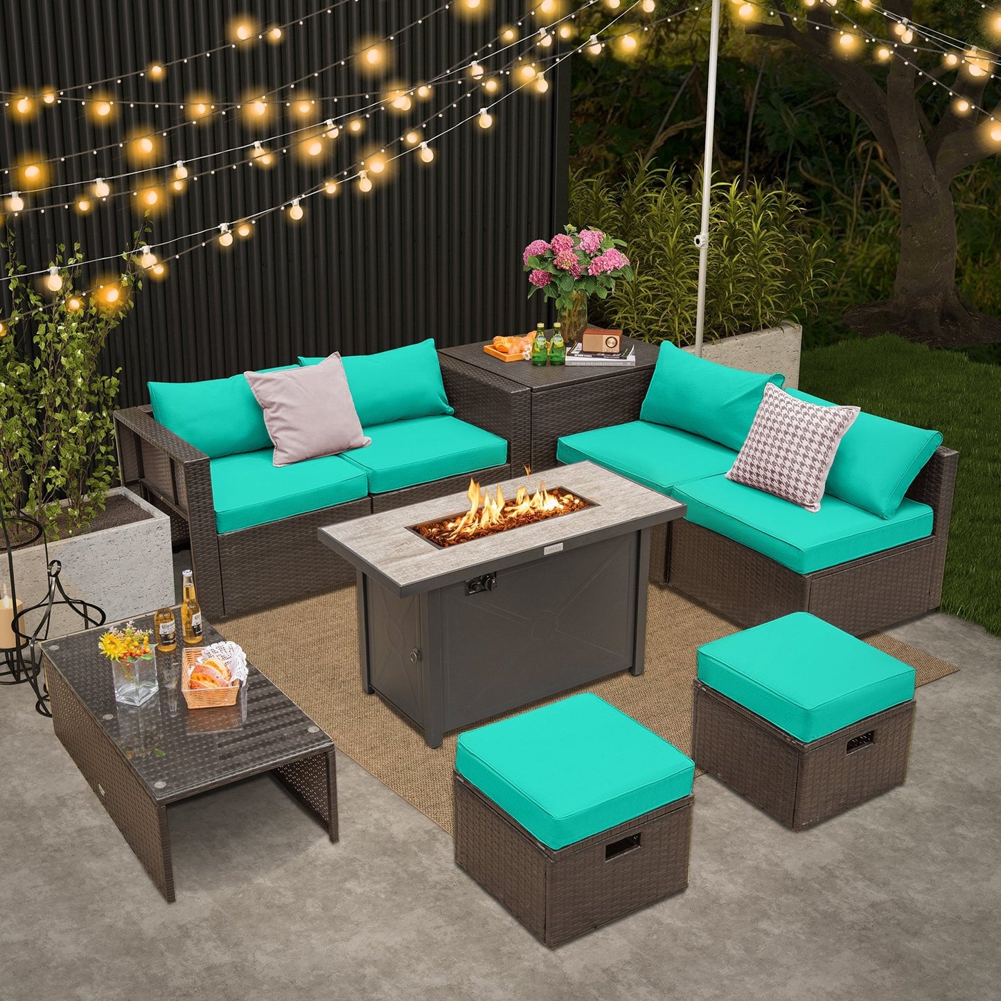 9 Pieces Outdoor Patio Furniture Set with 42 Inch Propane Fire Pit Table, Turquoise - Gallery Canada