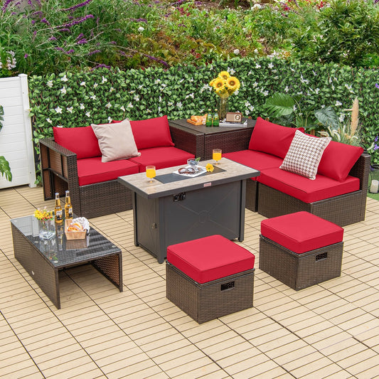 9 Pieces Outdoor Patio Furniture Set with 42 Inch Propane Fire Pit Table, Red - Gallery Canada