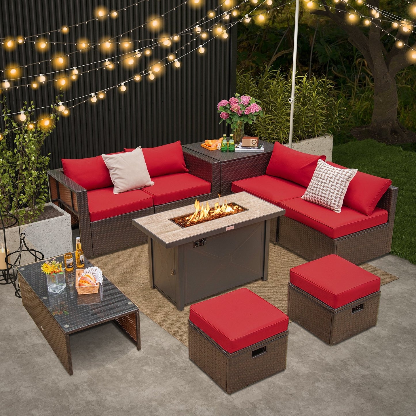 9 Pieces Outdoor Patio Furniture Set with 42 Inch Propane Fire Pit Table, Red - Gallery Canada