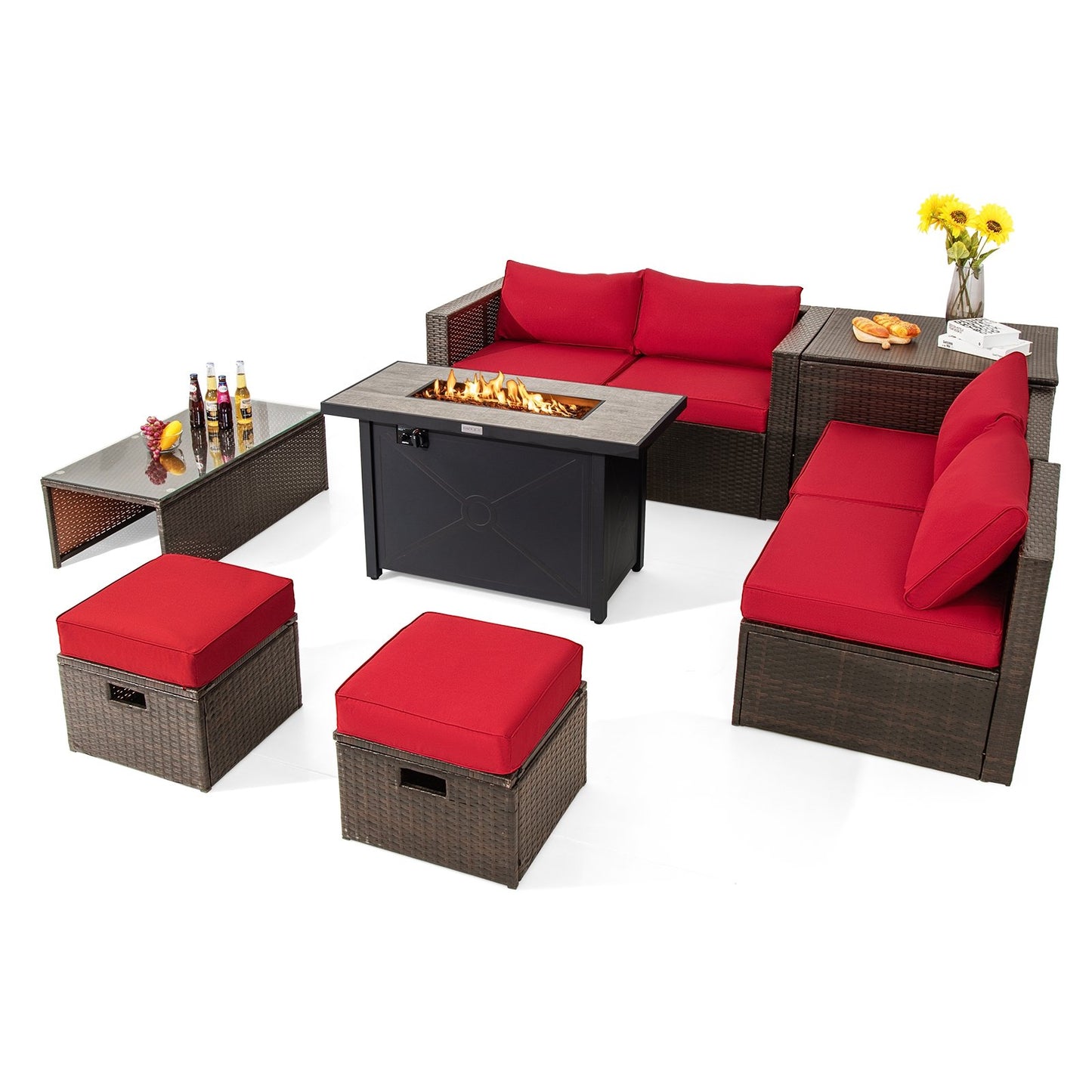 9 Pieces Outdoor Patio Furniture Set with 42 Inch Propane Fire Pit Table, Red Patio Conversation Sets at Gallery Canada