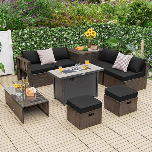 9 Pieces Outdoor Patio Furniture Set with 42 Inch Propane Fire Pit Table, Black