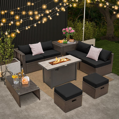 9 Pieces Outdoor Patio Furniture Set with 42 Inch Propane Fire Pit Table, Black - Gallery Canada