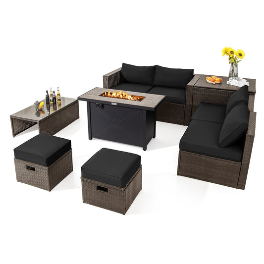 9 Piece Outdoor Patio Furniture Set, 42 Inch Propane Fire Pit Table, Black Patio Conversation Sets Black at Gallery Canada