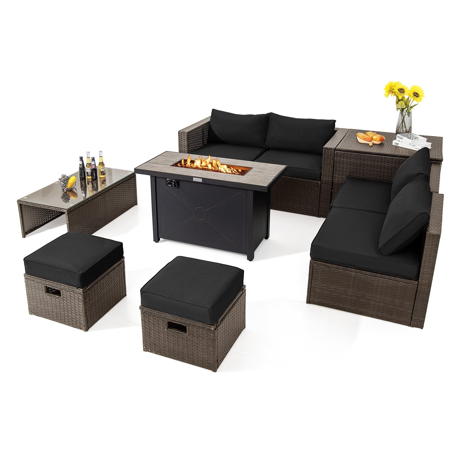 9 Pieces Outdoor Patio Furniture Set with 42 Inch Propane Fire Pit Table, Black Patio Conversation Sets Black at Gallery Canada