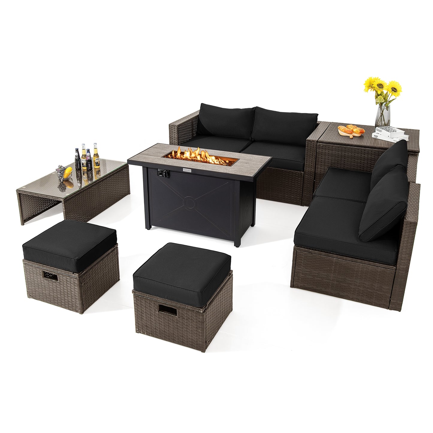 9 Piece Outdoor Patio Furniture Set, 42 Inch Propane Fire Pit Table, Black Patio Conversation Sets Black at Gallery Canada