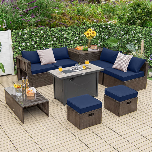 9 Pieces Outdoor Patio Furniture Set with 42 Inch Propane Fire Pit Table, Navy