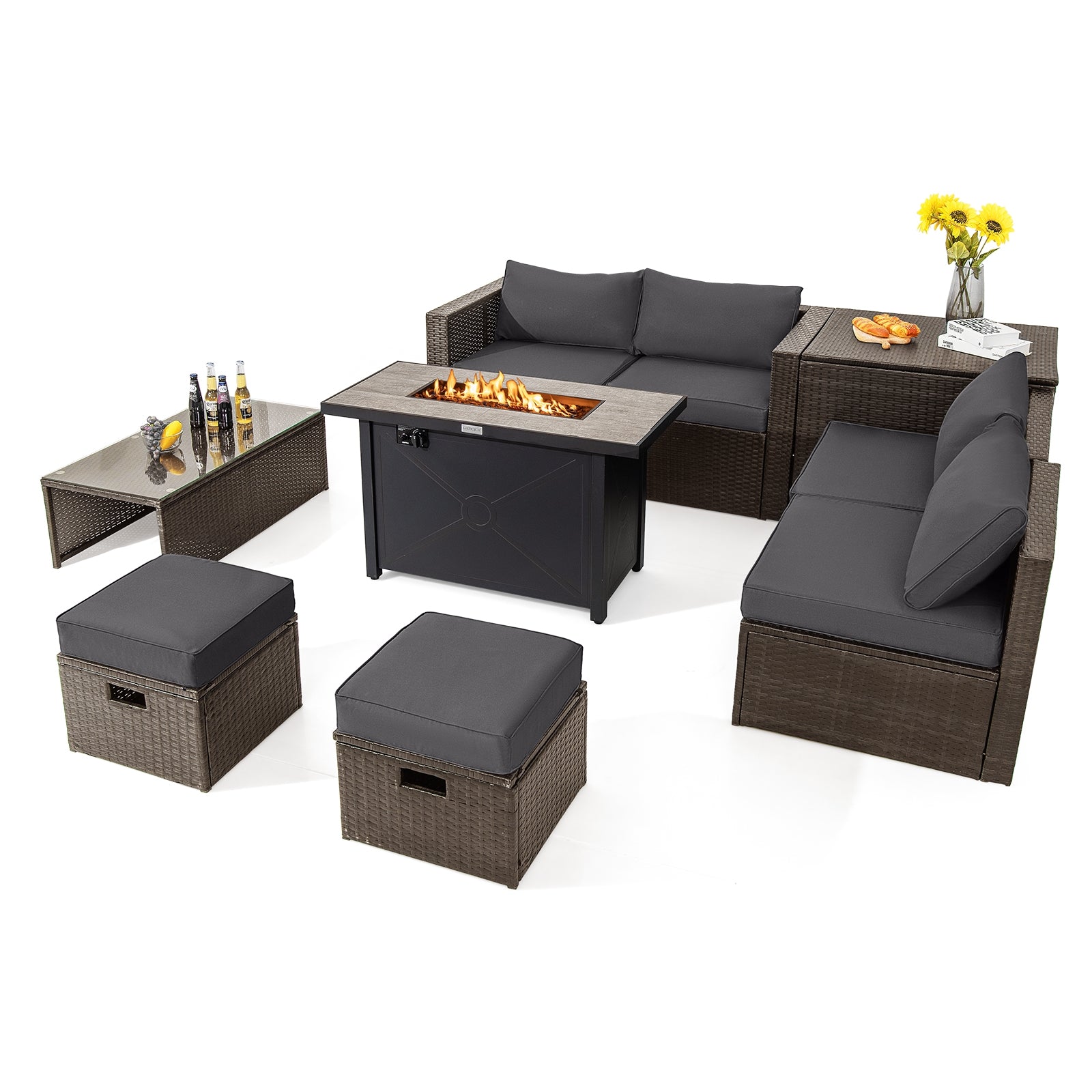 9 Piece Patio Furniture Set, 42 Inch Propane Fire Pit Table, Gray Patio Conversation Sets at Gallery Canada