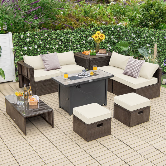 9 Pieces Outdoor Patio Furniture Set with 42 Inch Propane Fire Pit Table, White - Gallery Canada