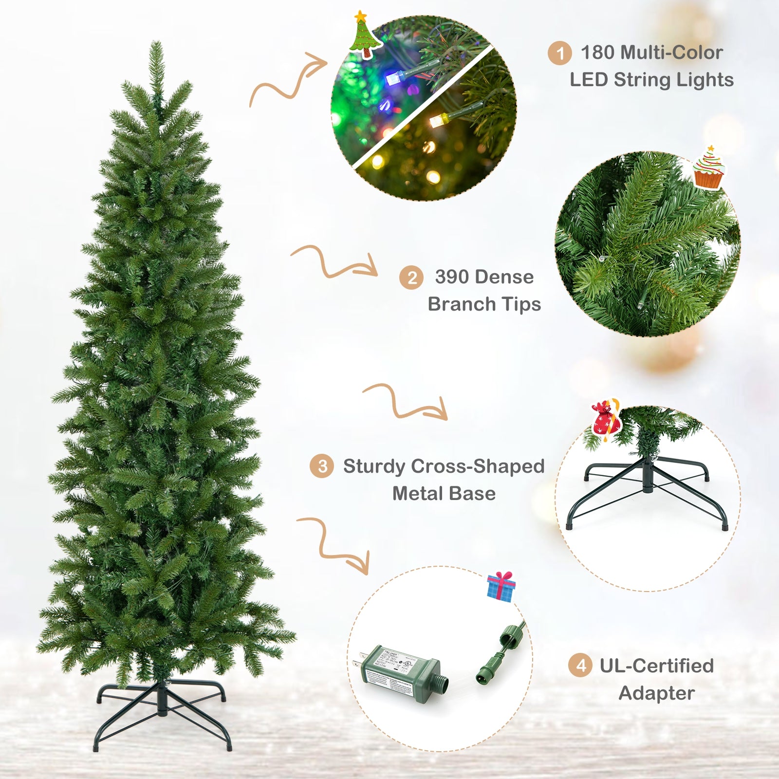 Pencil Christmas Tree, 180 LED Lights, Warm White Multi-Color, Green Christmas Tree at Gallery Canada
