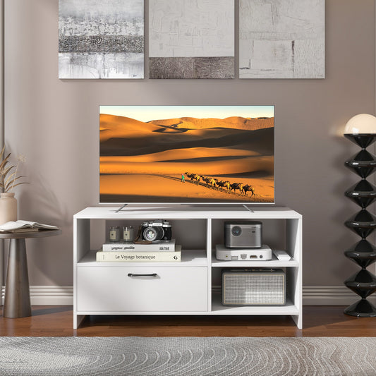 Modern Media Console Table with 3 Open Compartments and 1 Storage Drawer, White Entertainment Centers & TV Stands White at Gallery Canada