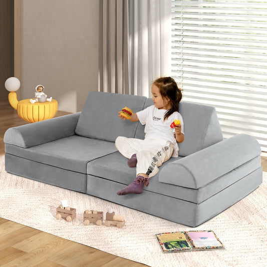 6 Pieces Convertible Kids Sofa Playset with Zipper, Gray - Gallery Canada