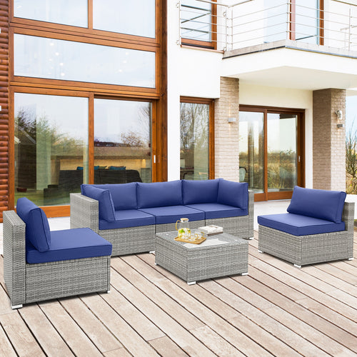 6 Piece Patio Conversation Sofa Set with Tempered Glass Coffee Table, Navy