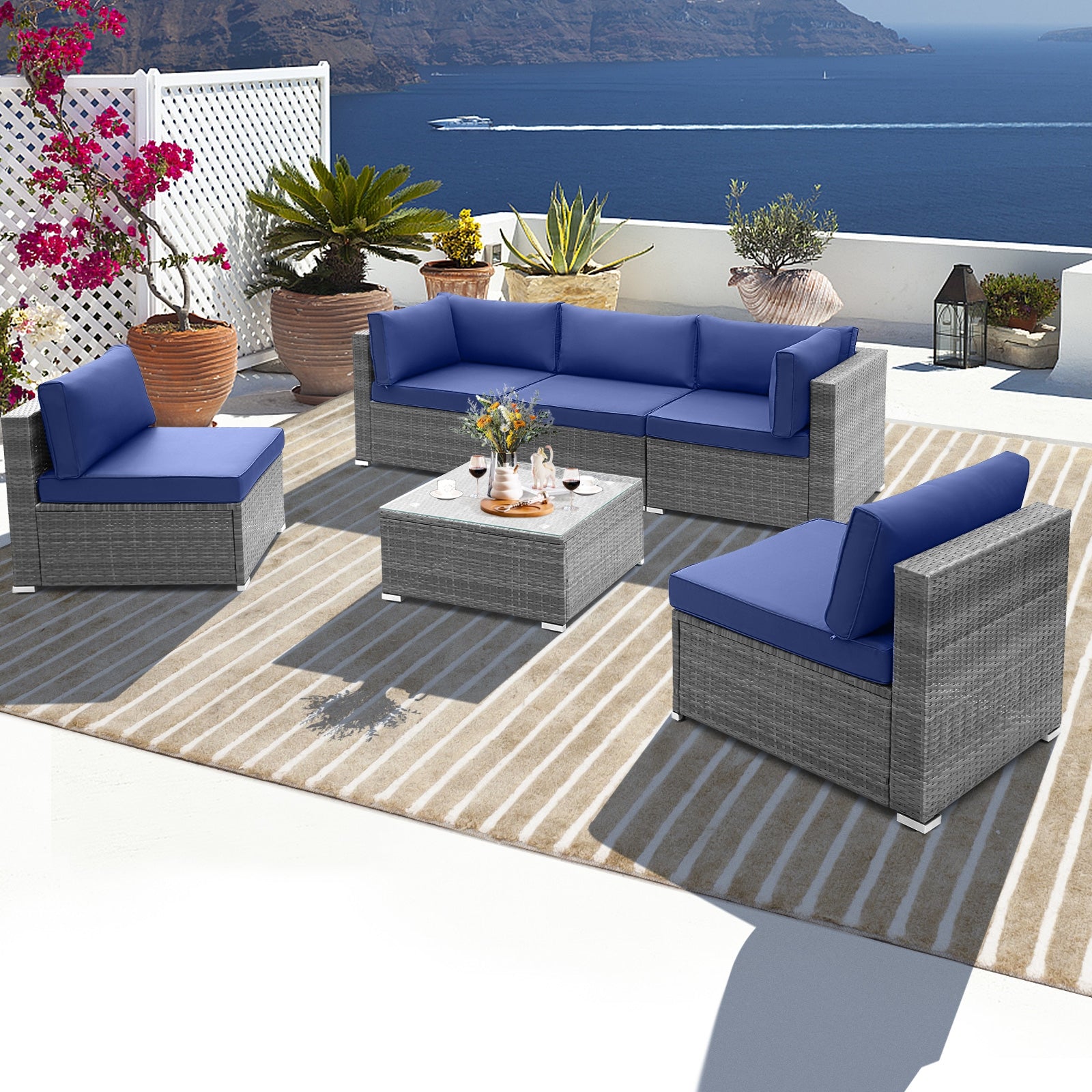 6 Piece Patio Conversation Sofa Set with Tempered Glass Coffee Table, Navy Patio Conversation Sets at Gallery Canada