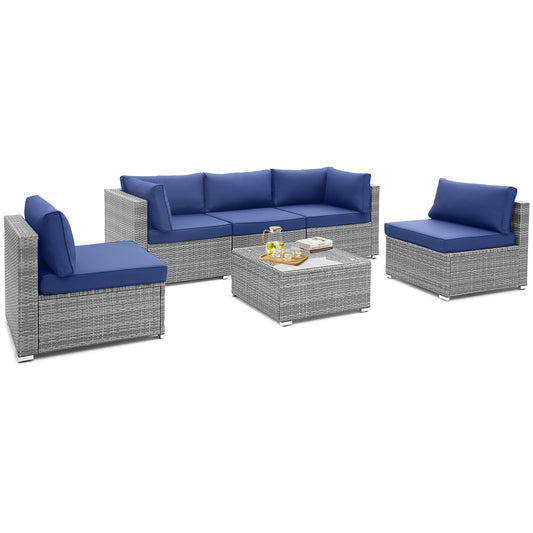 6 Piece Patio Conversation Sofa Set, Tempered Glass Coffee Table, Navy Patio Conversation Sets Navy at Gallery Canada