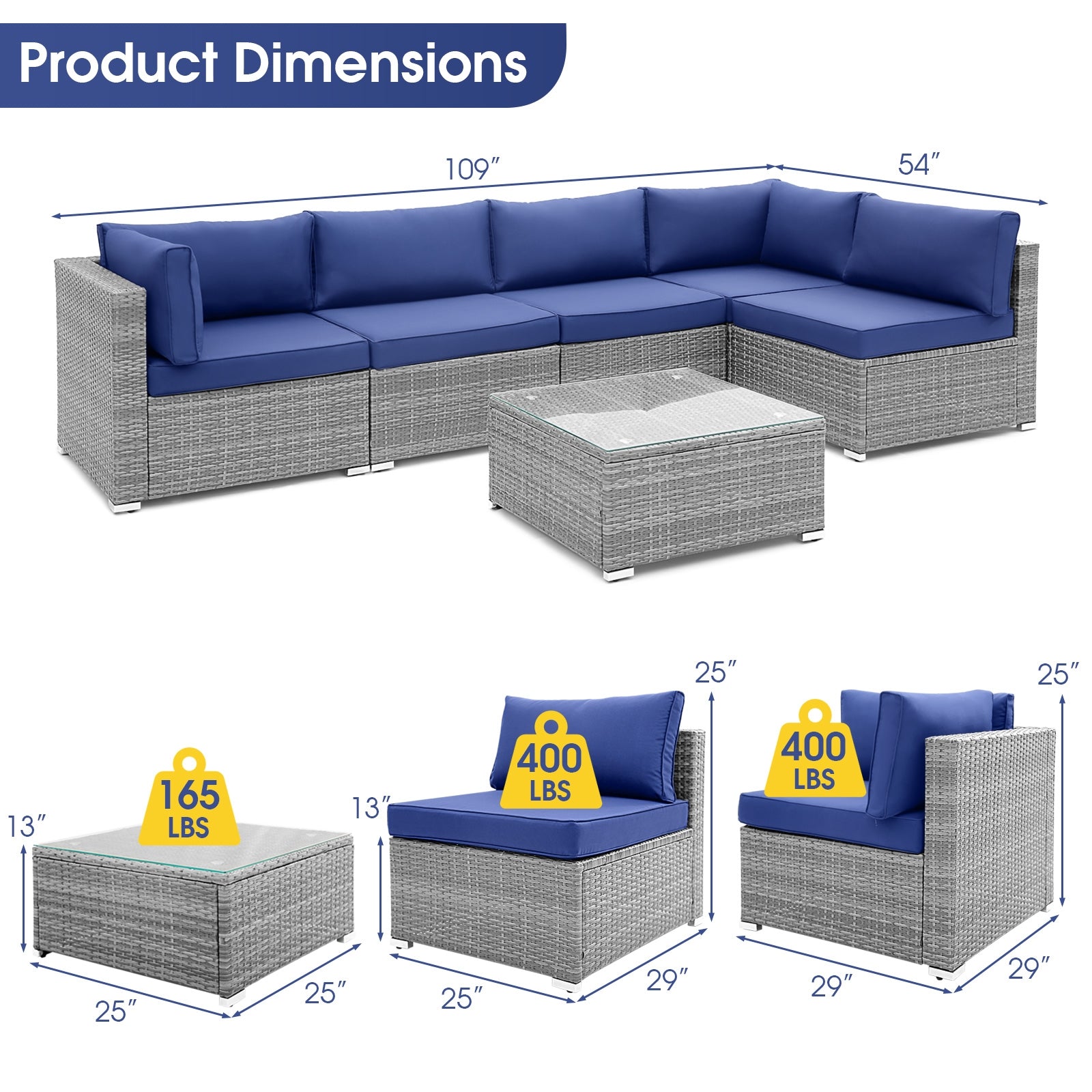 6 Piece Patio Conversation Sofa Set with Tempered Glass Coffee Table, Navy Patio Conversation Sets at Gallery Canada