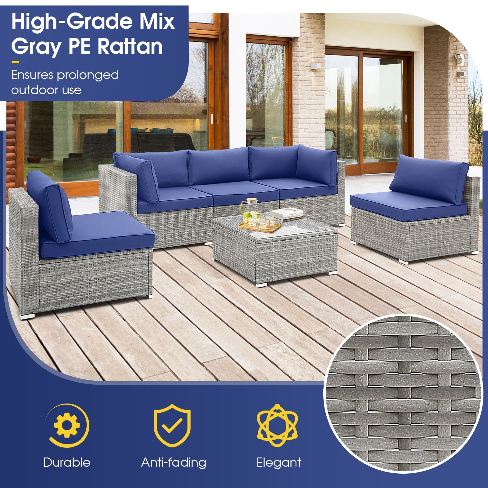 6 Piece Patio Conversation Sofa Set with Tempered Glass Coffee Table, Navy Patio Conversation Sets at Gallery Canada