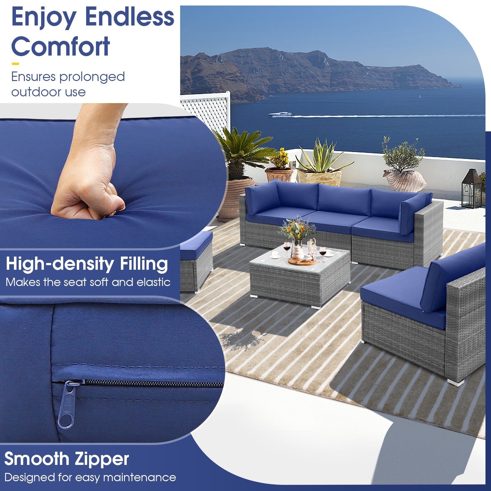 6 Piece Patio Conversation Sofa Set with Tempered Glass Coffee Table, Navy Patio Conversation Sets at Gallery Canada