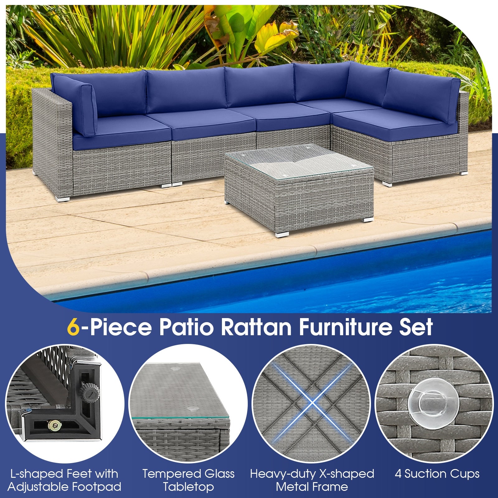 6 Piece Patio Conversation Sofa Set with Tempered Glass Coffee Table, Navy Patio Conversation Sets at Gallery Canada