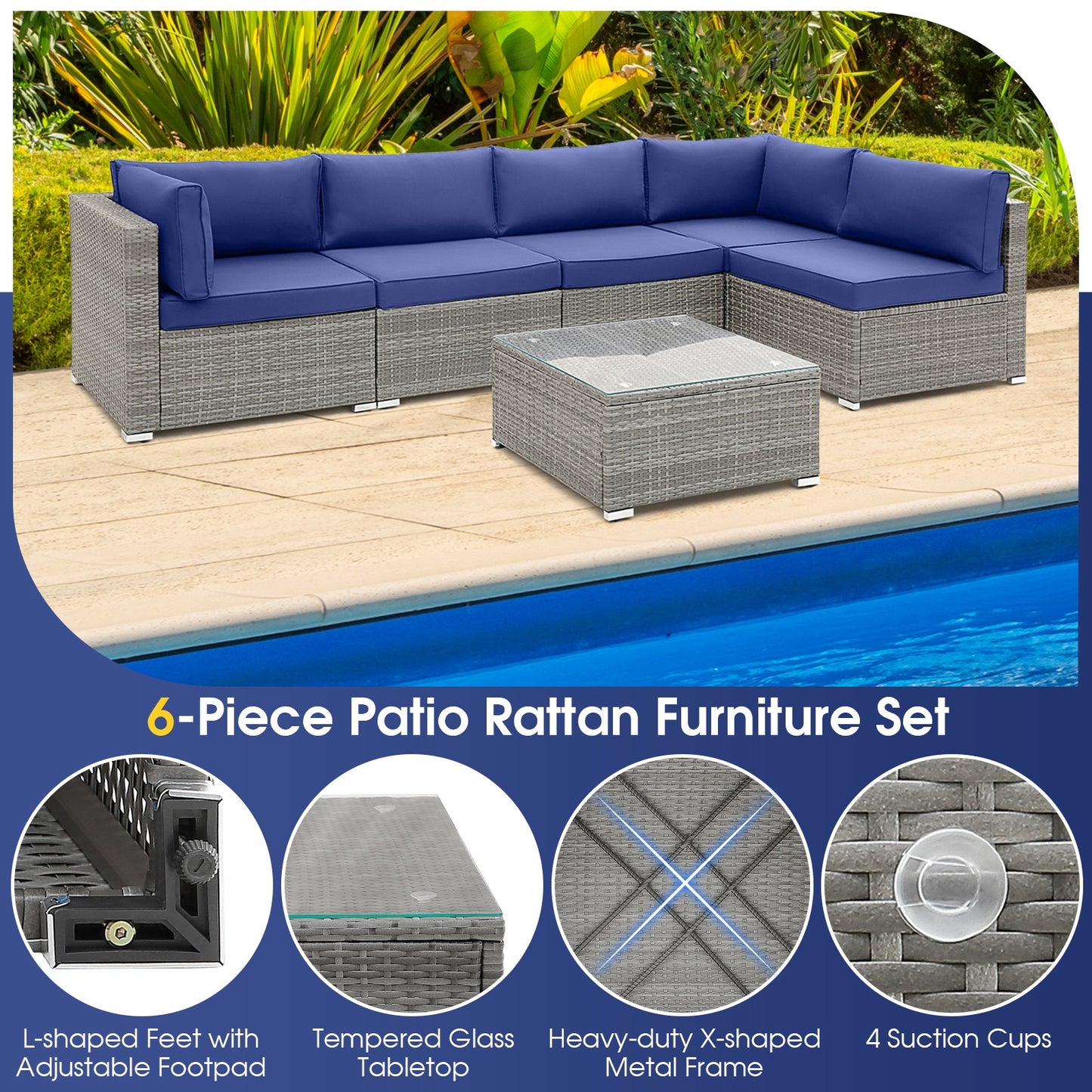 6 Piece Patio Conversation Sofa Set with Tempered Glass Coffee Table, Navy Patio Conversation Sets at Gallery Canada