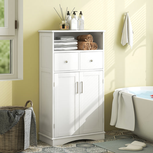 2 Doors Freeestanding Bathroom Floor Cabinet with 2 Drawers and Adjustable Shelves, White Floor Cabinets White at Gallery Canada
