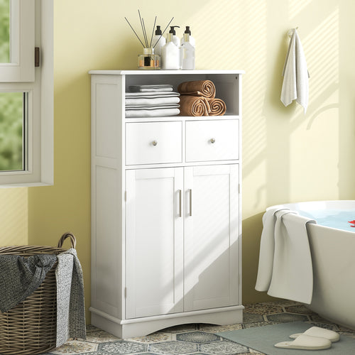 2 Doors Freeestanding Bathroom Floor Cabinet with 2 Drawers and Adjustable Shelves, White