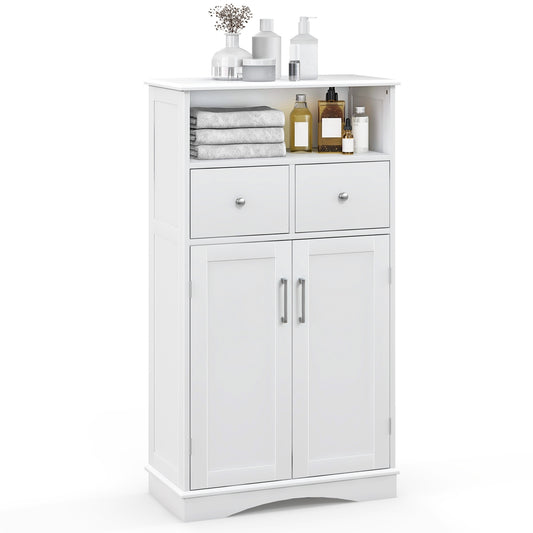 2 Doors Freeestanding Bathroom Floor Cabinet with 2 Drawers and Adjustable Shelves, White Floor Cabinets White at Gallery Canada