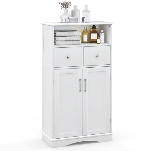 2 Doors Freeestanding Bathroom Floor Cabinet with 2 Drawers and Adjustable Shelves, White
