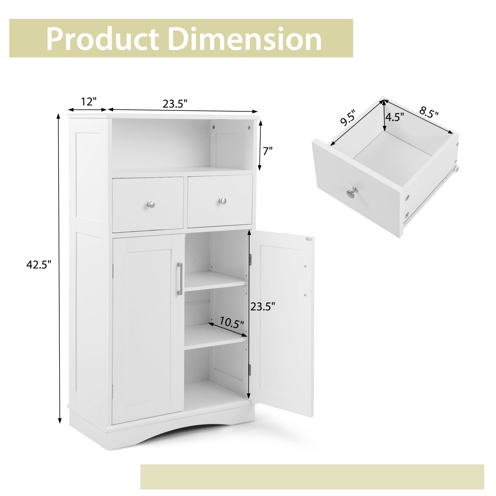 2 Doors Freeestanding Bathroom Floor Cabinet with 2 Drawers and Adjustable Shelves, White Floor Cabinets at Gallery Canada