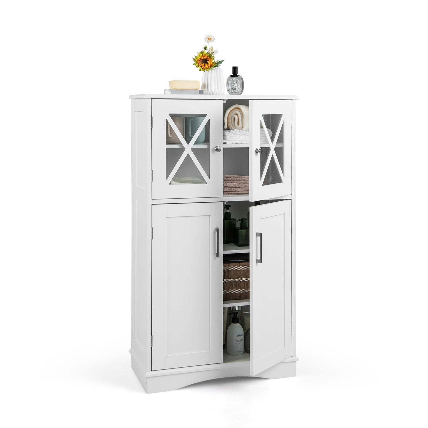 4 Doors Freeestanding Bathroom Floor Cabinet with Adjustable Shelves, White Floor Cabinets at Gallery Canada