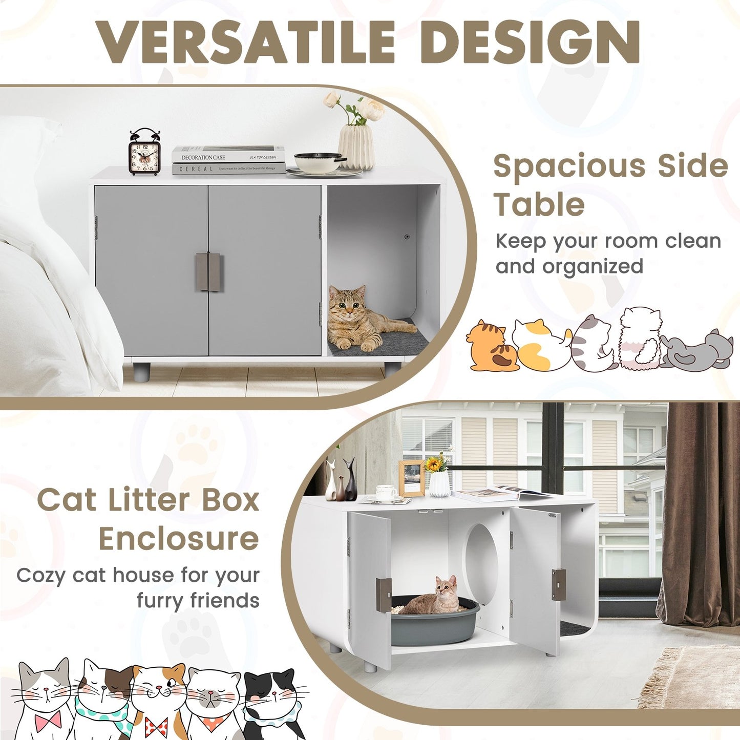Cat Litter Box Enclosure Furniture with Removable Mat, Gray