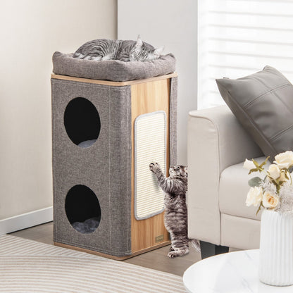 3-Story Cat House with Scratching Board for Indoor Cats, Gray