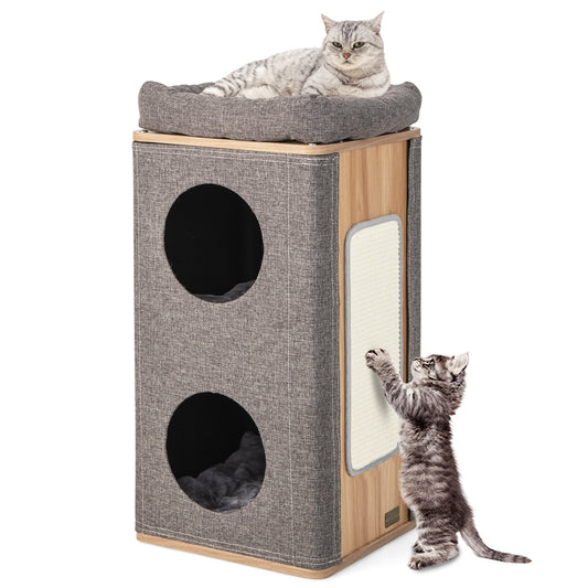 3-Story Cat House with Scratching Board for Indoor Cats, Gray - Gallery Canada