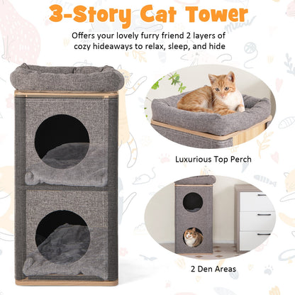 3-Story Cat House with Scratching Board for Indoor Cats, Gray