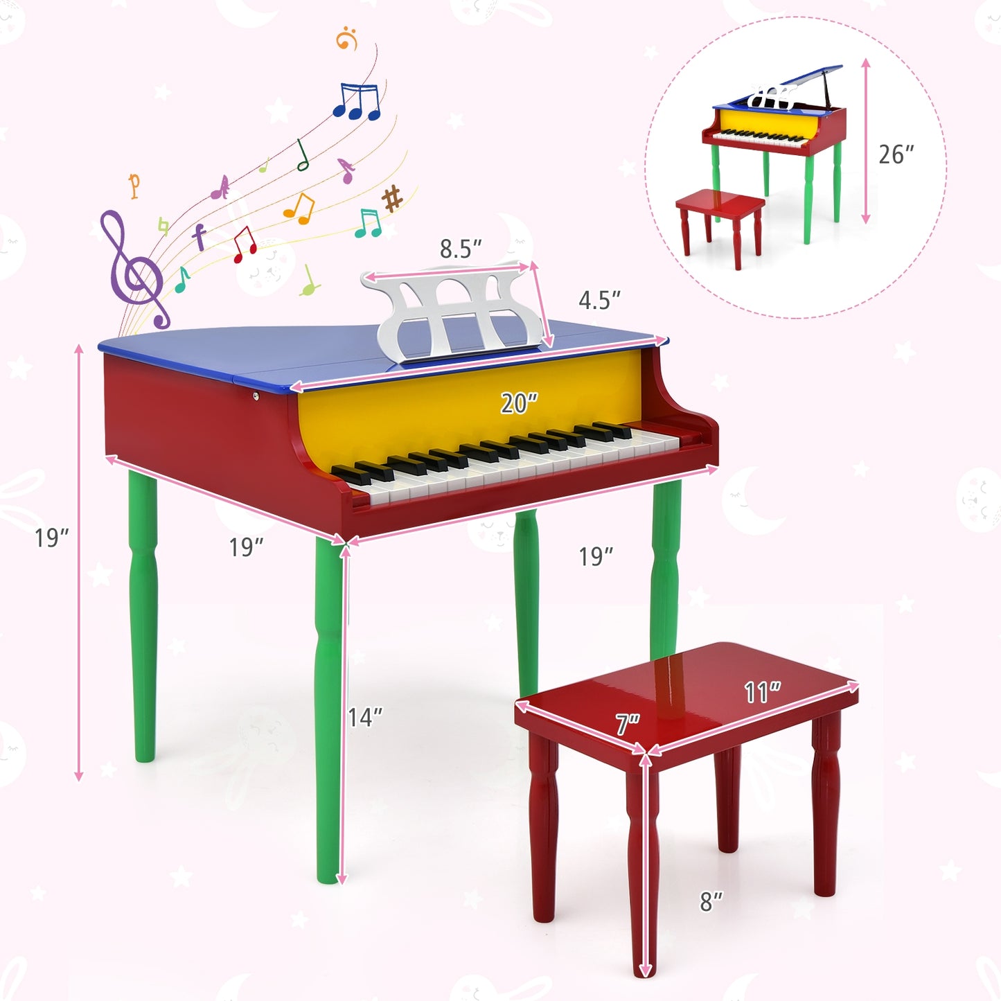 30-Key Wood Toy Kids Grand Piano with Bench and Music Rack, Multicolor Pianos & Keyboards at Gallery Canada