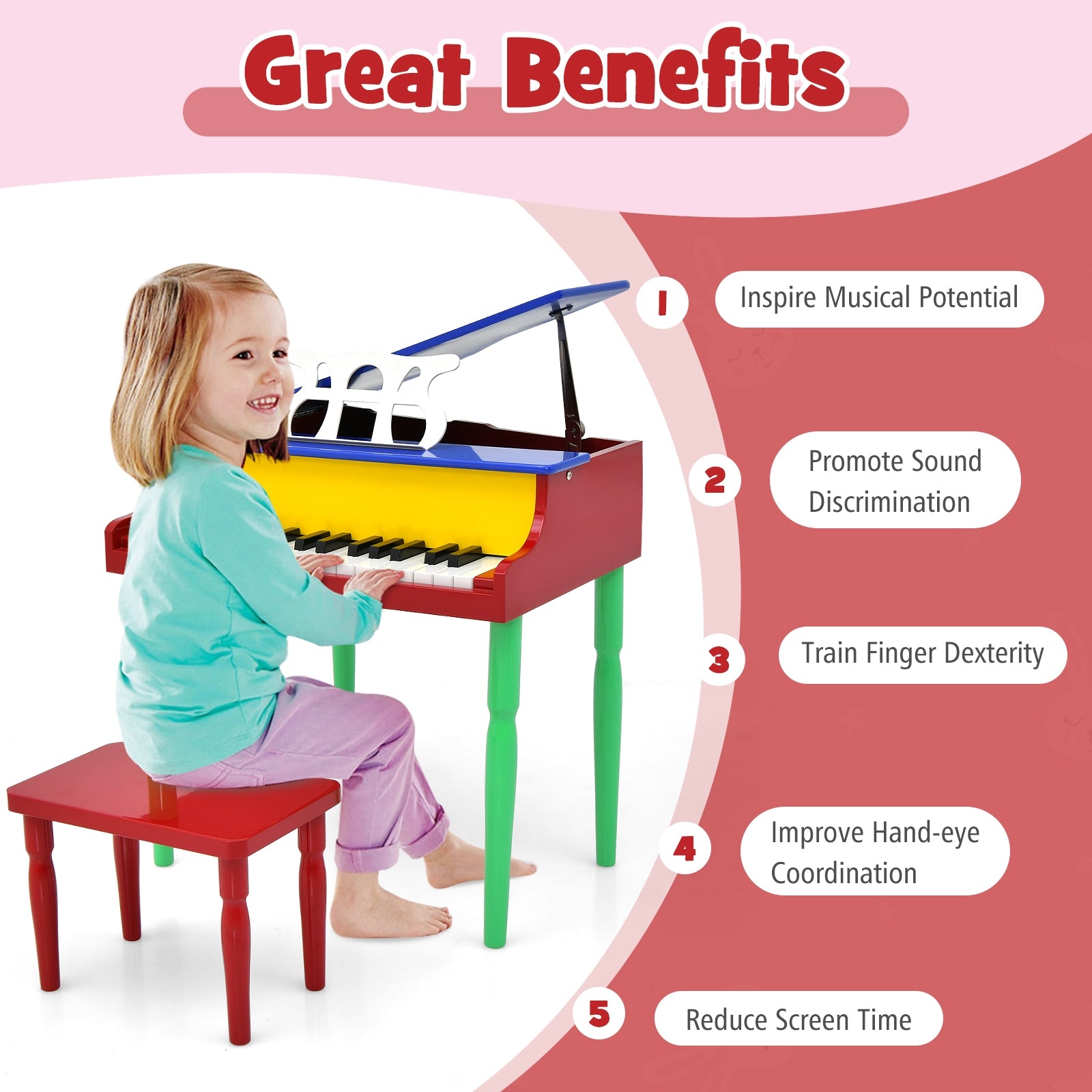 30-Key Wood Toy Kids Grand Piano with Bench and Music Rack, Multicolor Pianos & Keyboards at Gallery Canada