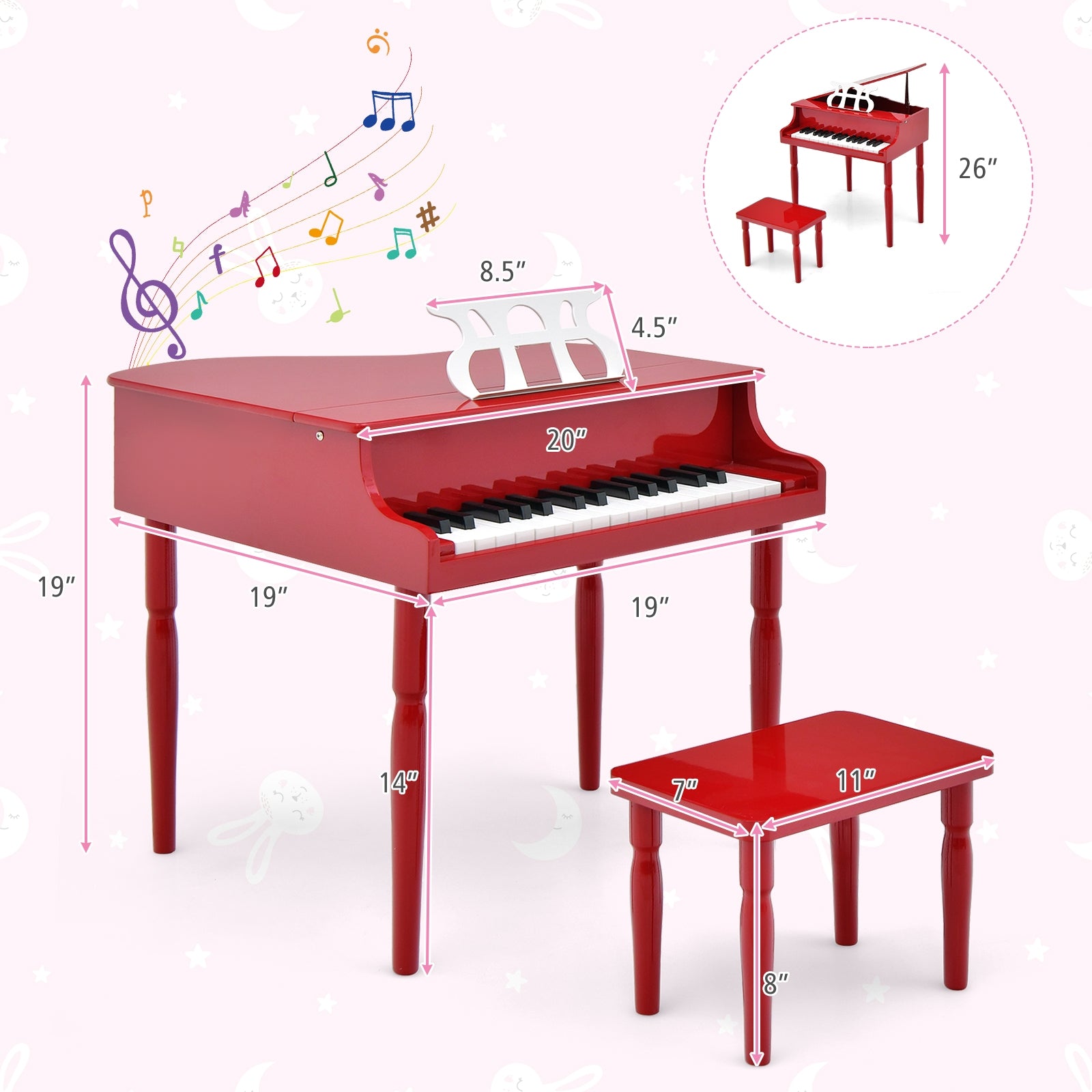 30-Key Wood Toy Kids Grand Piano with Bench and Music Rack, Red Pianos & Keyboards at Gallery Canada