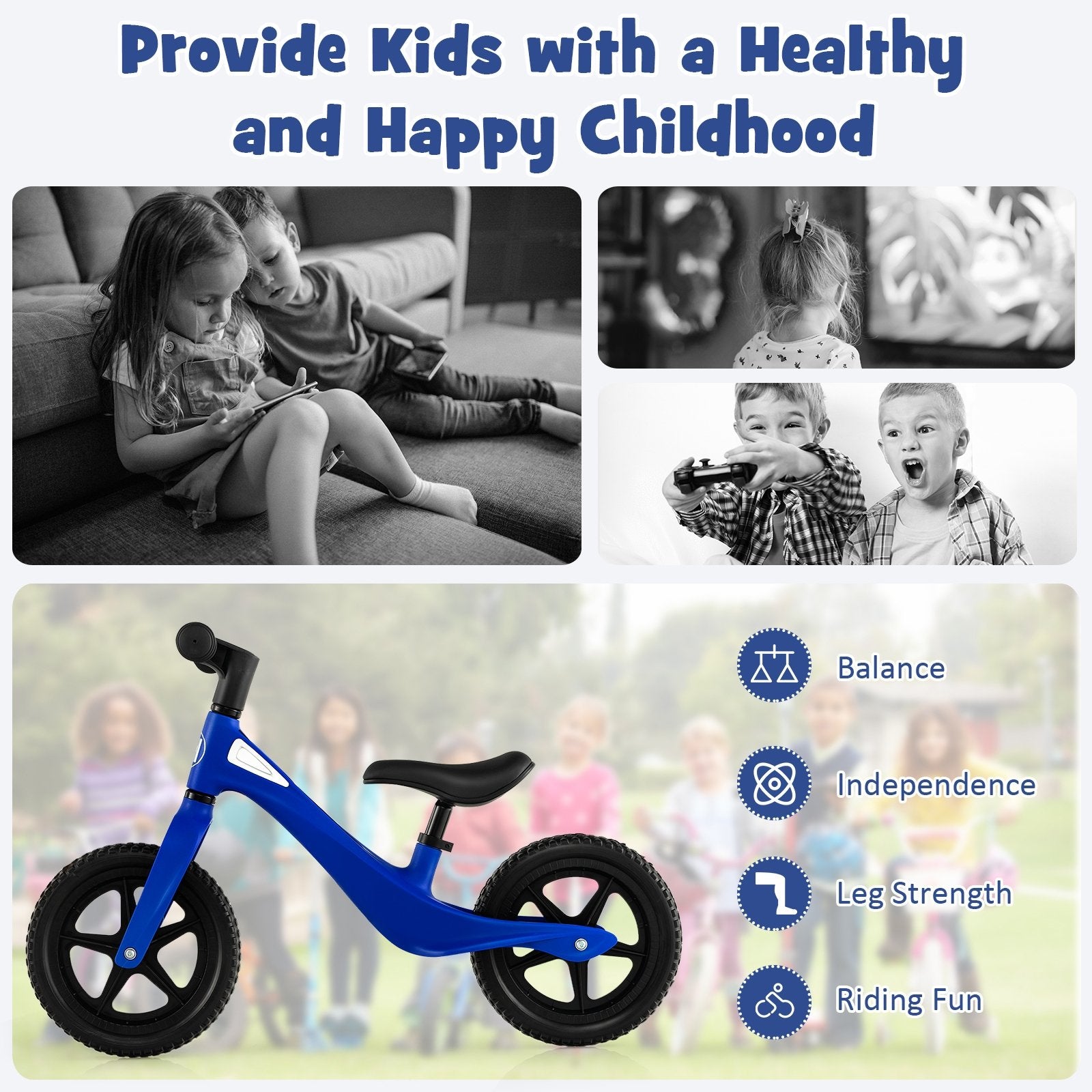 Kids Balance Bike with Rotatable Handlebar and Adjustable Seat Height, Blue at Gallery Canada