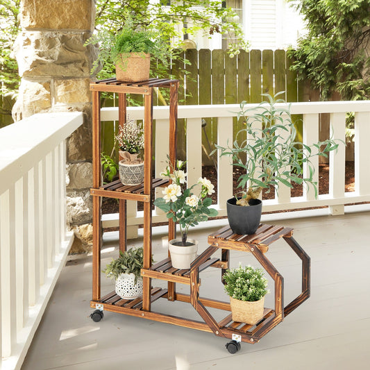 6-Tier Wooden Plant Stand with Wheels, Brown - Gallery Canada