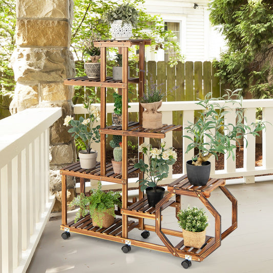 8-Tier Plant Stand with Lockable and Detachable Wheels for 12 Pots, Brown - Gallery Canada