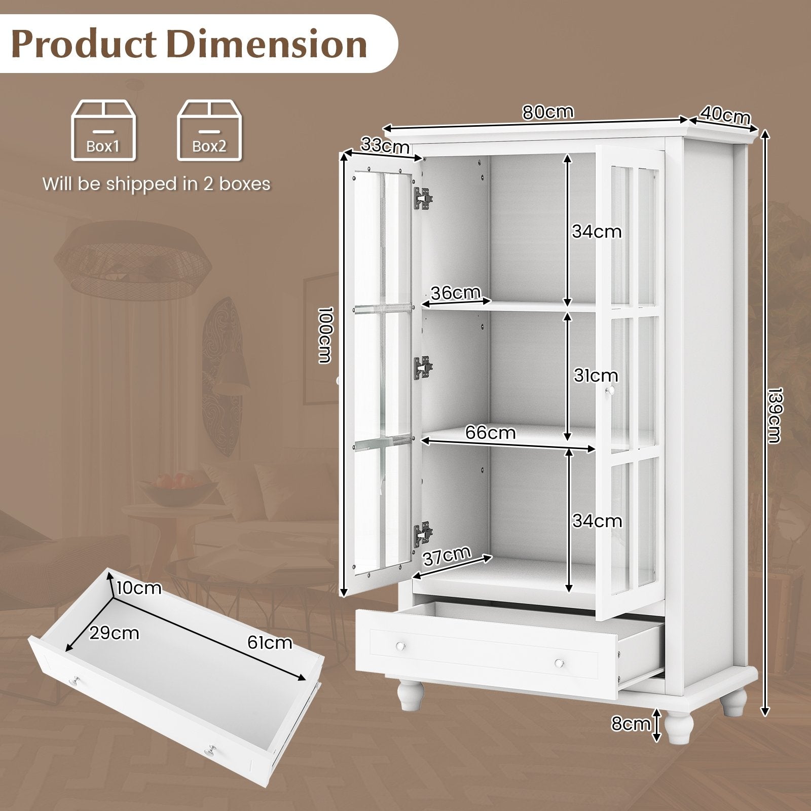 55 Inch Bookcase Cabinet with Tempered Glass Doors, White - Gallery Canada